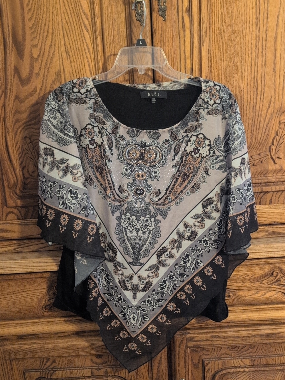 B.L.E.U. Black and Gray Paisley Sheer Poncho Top With Attached Black Tank